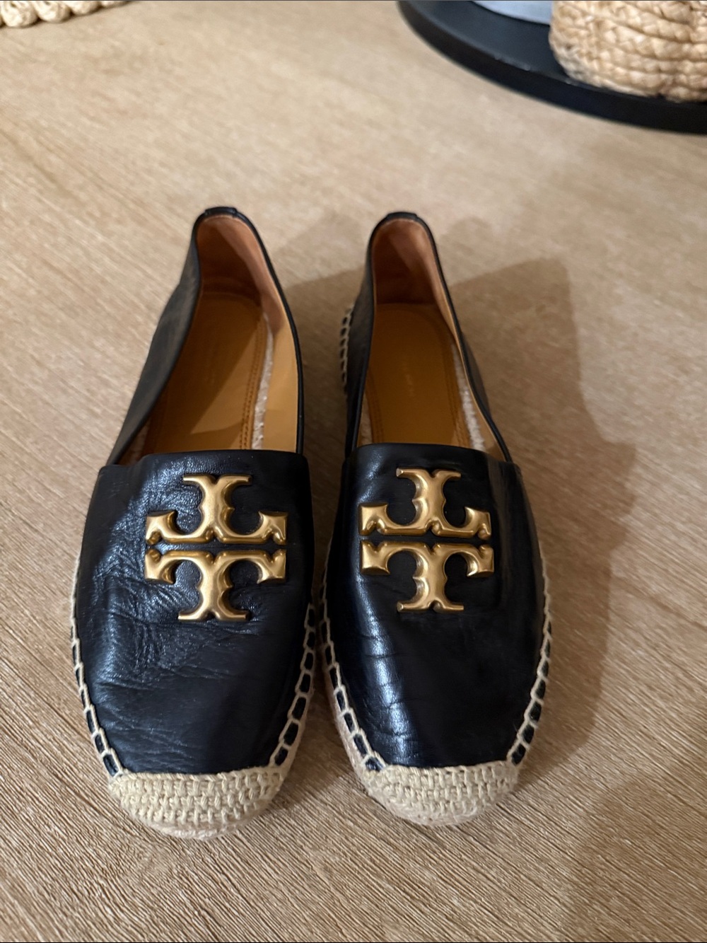 Tory Burch Black Leather Espadrille Loafers with Gold Logo